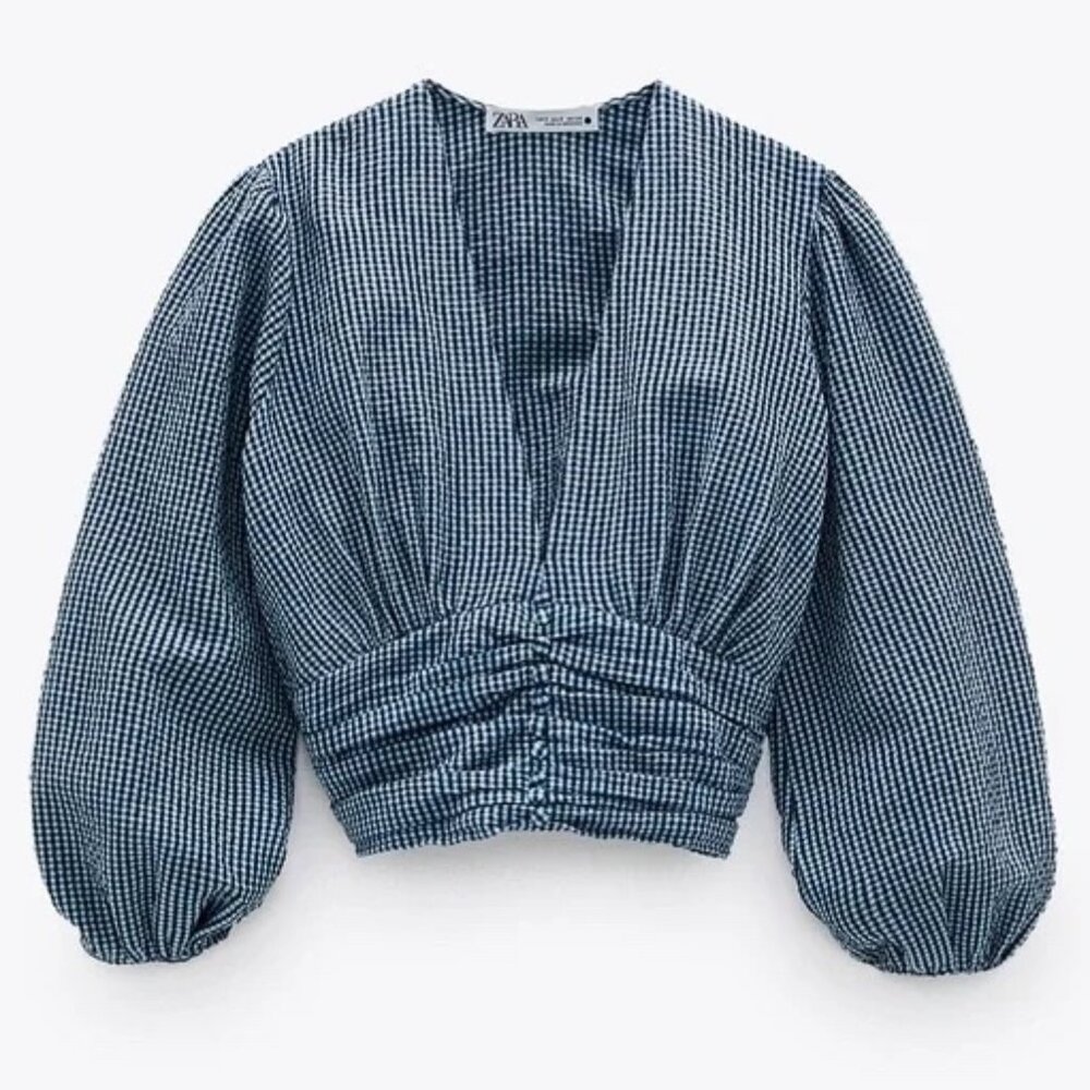 Zara Cropped Blue Gingham Blouse - Size Small